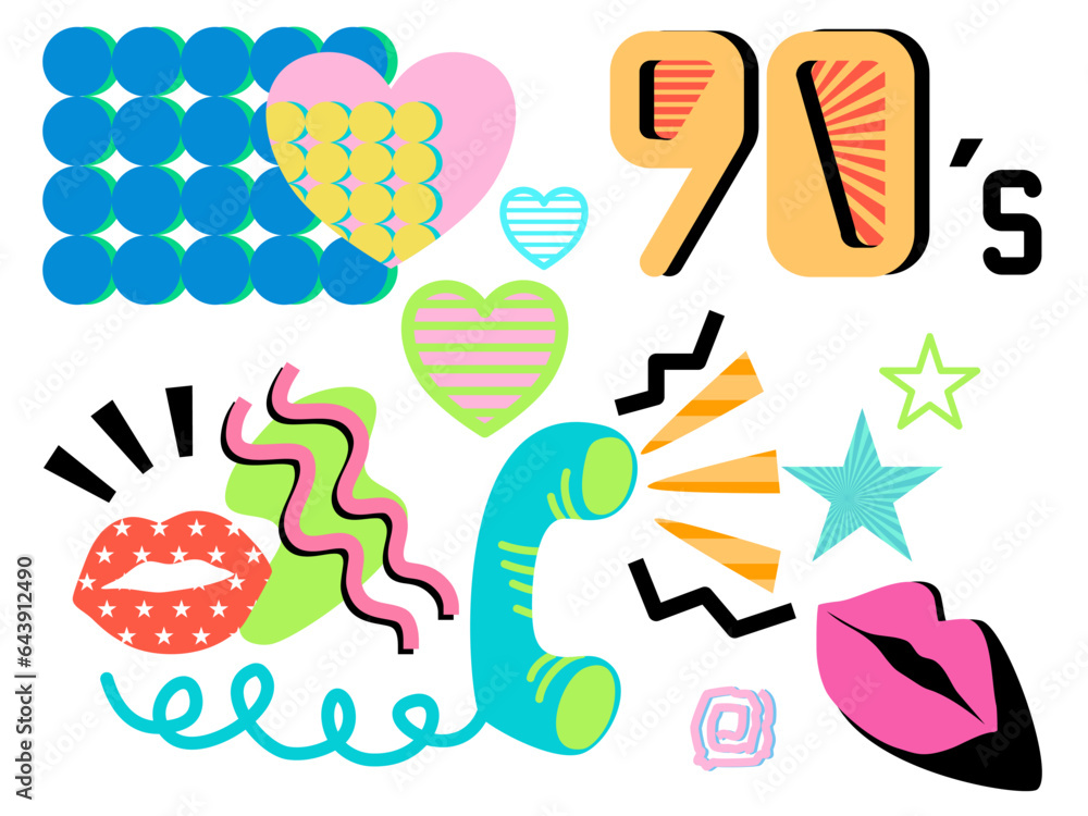 Set of colorful elements tyle of 90s, flat vector style.