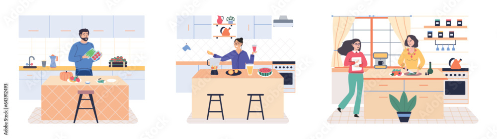 People cook food at home together set. Men and women at kitchen table cooking breakfast, lunch, dinner dishes, preparing salad and vegetarian dish. Characters preparing healthy homemade food People cook food at home together set. Men and women at kitchen table cooking breakfast, lunch, dinner dishes, preparing salad and vegetarian dish. Characters preparing healthy homemade food