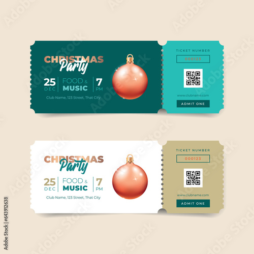 Christmas Party ticket template. Winter holiday invitations. Realistic illustration of a red Christmas ball. Vector 10 EPS.
