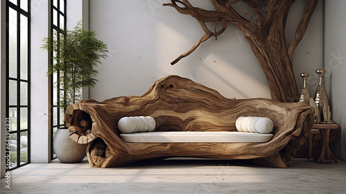 luxury rustic handmade loveseat sofa in room with abstract wooden tree decorative column. Interior design of modern living room photo