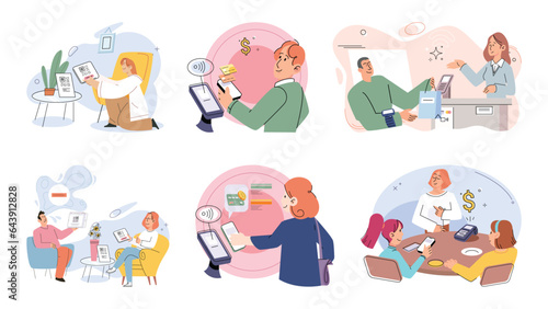 Fototapeta Naklejka Na Ścianę i Meble -  Cashless payment. Vector illustration. Many countries are working towards creating cashless society by promoting digital payments Cashless transactions offer improved security compared to carrying