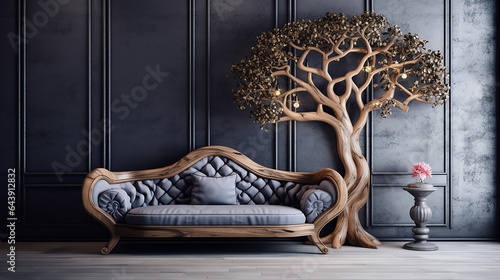 luxury rustic handmade loveseat sofa in room with abstract wooden tree decorative column.