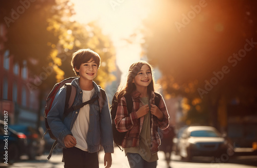 Two cheerful school kids walking, having fun against street