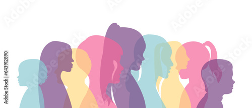Silhouettes of children standing side by side together.Silhouettes of a group of children.Vector illustration.