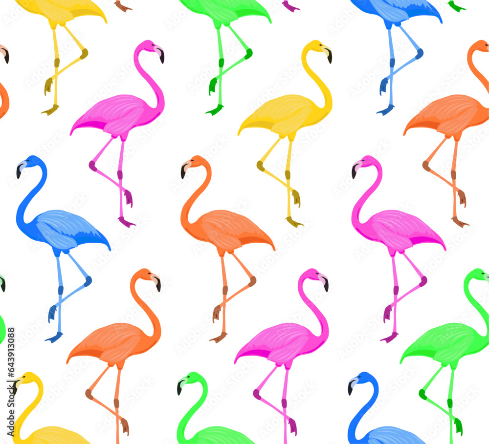 Obraz premium Seamless background of colorful flamingos, vector illustration for fashion, poster, wallpaper, sticker, cover designs