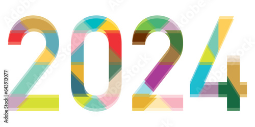 Happy New Year 2024 colorful blurred calligraphy punchy design. Greeting card template.