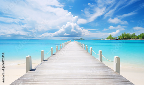 Wooden pier leading from an island into the ocean against a blue sky with white clouds. Concept for summer travel and vacation. Generative Ai