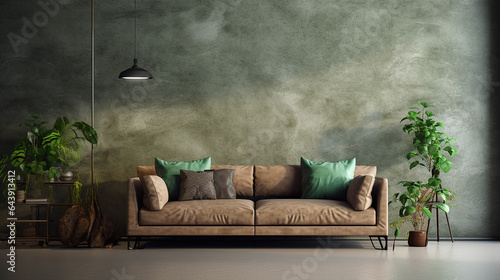 sofa in room with grunge stucco wall and grernery biophilic interior design of modern living room photo