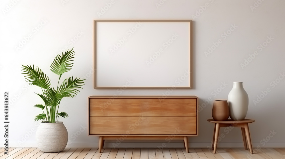 wooden rustic chest of drawers near wall with blank poster frame with copy space Interior design. wooden rustic chest of drawers near wall with blank poster frame with copy space Interior design.