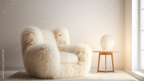 white fur armchair near wall and floor lamp. interior design