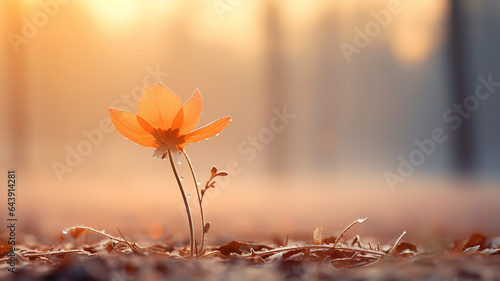 the marigold flower is lonely against the background of an autumn park in the fog of the morning landscape © kichigin19