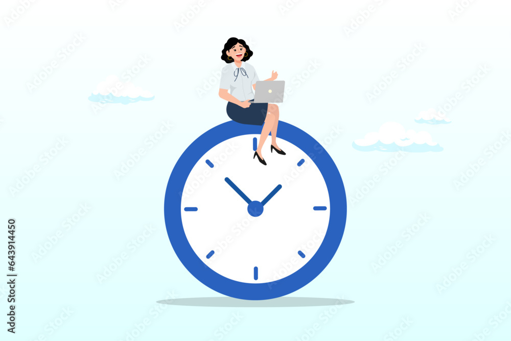 Confident businesswoman using computer laptop sitting on clock working at night with colleague in other country, after hours worker, working late overtime, career that work in different time (Vector) Confident businesswoman using computer laptop sitting on clock working at night with colleague in other country, after hours worker, working late overtime, career that work in different time (Vector)