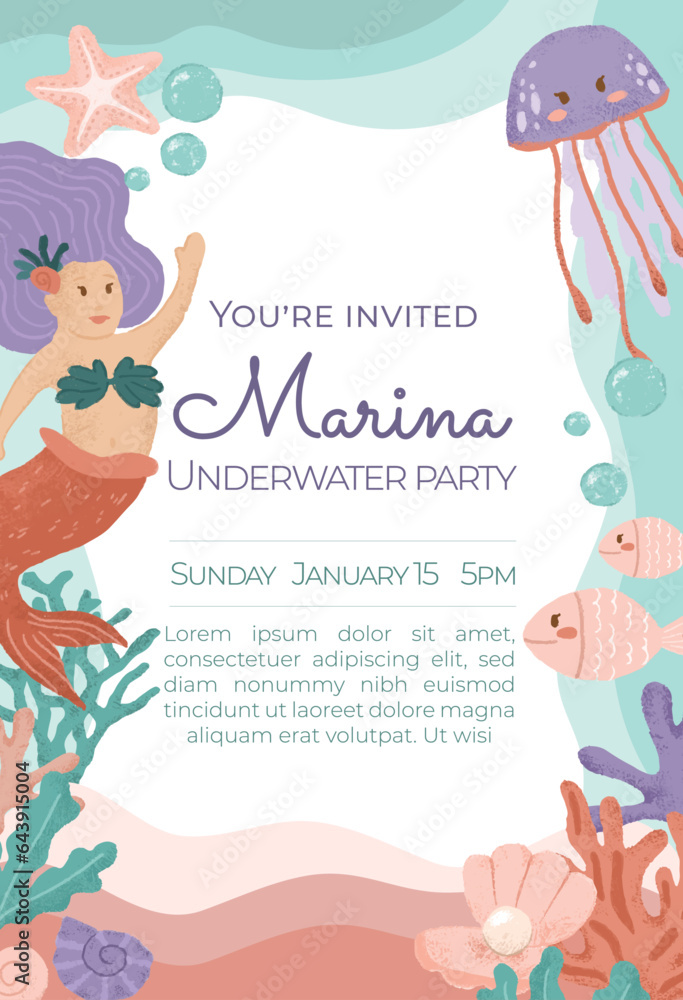 Cute mermaid with purple hair printable birthday and event invitation card
