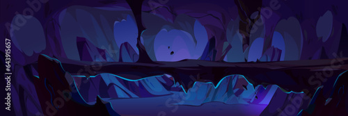 Stone bridge between rocky cave walls. Vector cartoon illustration of dangerous dark tunnel inside ancient mountain, adventure path above cliff gap, sharp stalactites on ceiling, game background