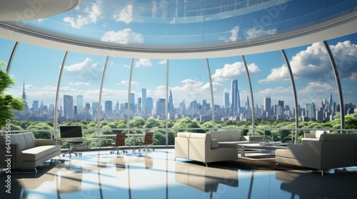 Interior of luxury open space office area in modern building. Glossy floor  large desks with computers  office chairs  chillout area  floor-to-ceiling windows with urban view. Template  3D rendering.