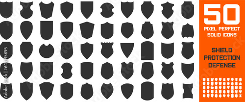 Shield Pixel Perfect Icon Silhouette vector set. Shield shape, security label pictogram. 50 medieval badge isolated on white. Protect coat of arms sign, safety simple sticker. Flat style safeguard kit