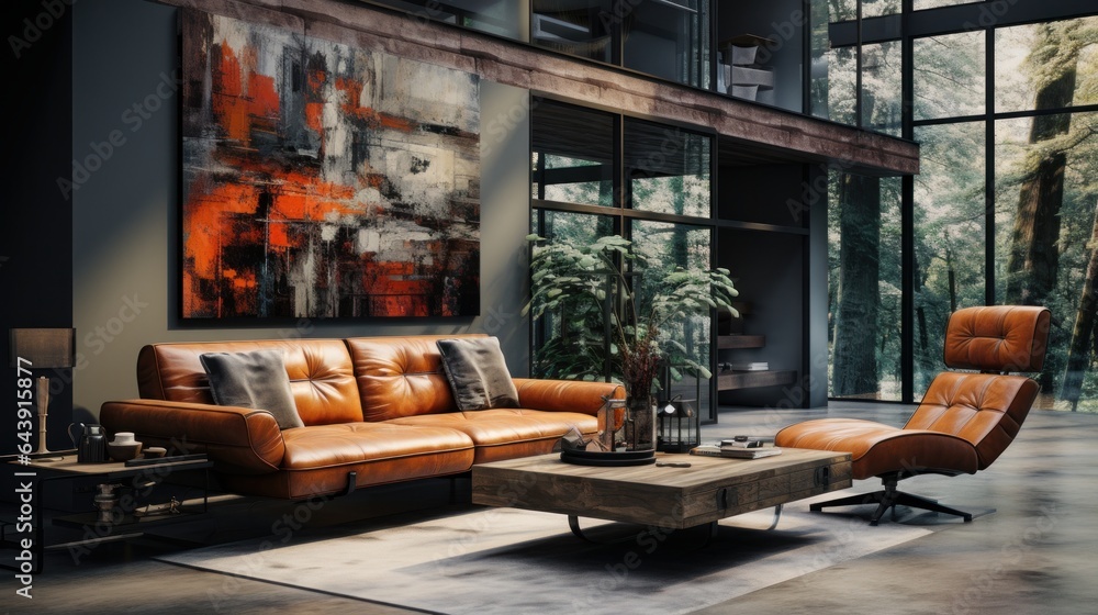 Interior of spacy loft style living area in luxury studio apartment. Dark grunge walls, large poster, leather cushioned furniture, wooden coffee table, panoramic window. Contemporary home design.
