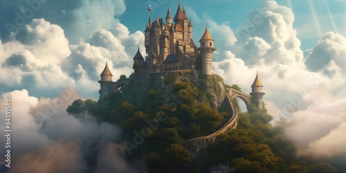  Majestic Fantasy Castle Among Billowing Clouds. With Towering Spires, Hanging Gardens, and an Otherworldly, Dreamlike Quality, This Castle in the Clouds Transports You to a Whimsical and Magical Sky 