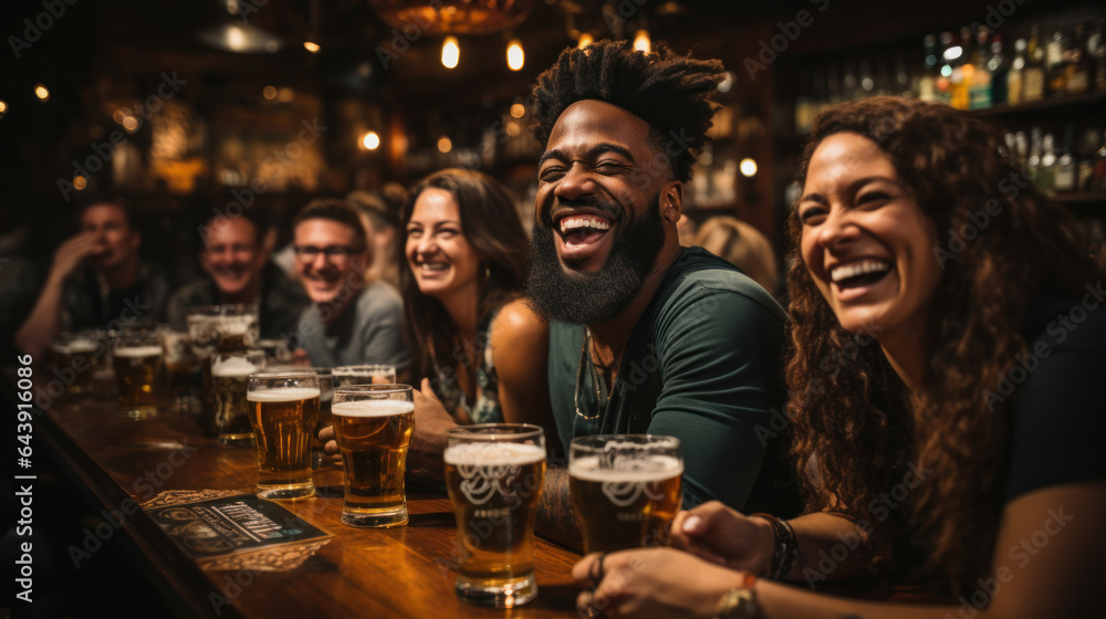 Group of diversity friends having fun in a pub, drinking beer and laughing.