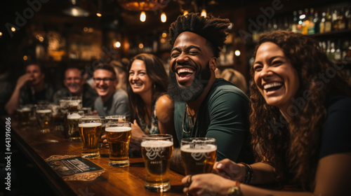 Group of diversity friends having fun in a pub, drinking beer and laughing.