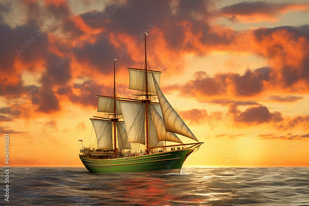 Sailing ship under sail at sunset on the high seas.