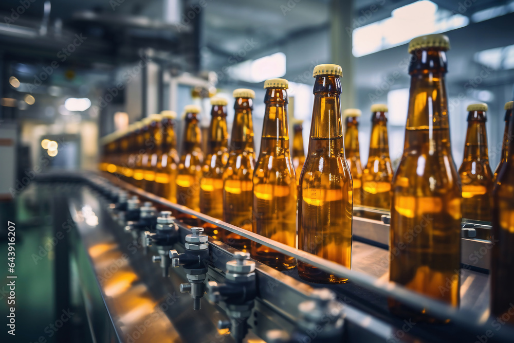 Factory for the production of beer. Brewery conveyor with glass beer drink alcohol bottles, modern production line. Blurred background. Modern production for bottling drinks. Selective focus. Factory for the production of beer. Brewery conveyor with glass beer drink alcohol bottles, modern production line. Blurred background. Modern production for bottling drinks. Selective focus.