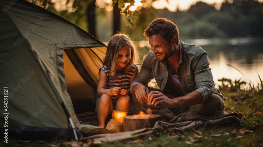 Father and daughter camping in the nature, sitting near tent with lake and making campfire.