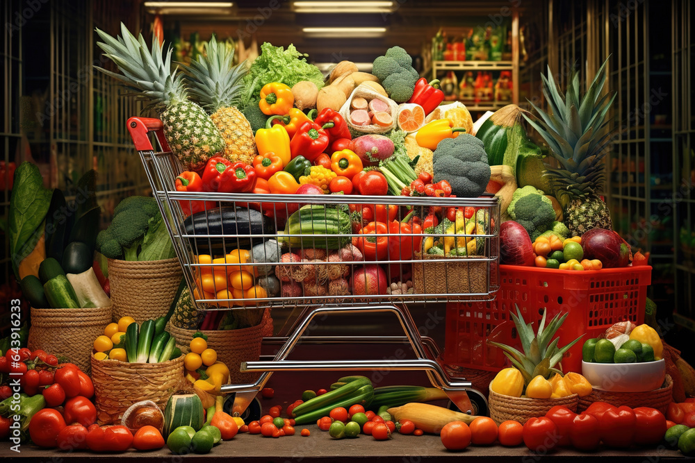 shopping trolley full with vegetables and fruits in supermarket background