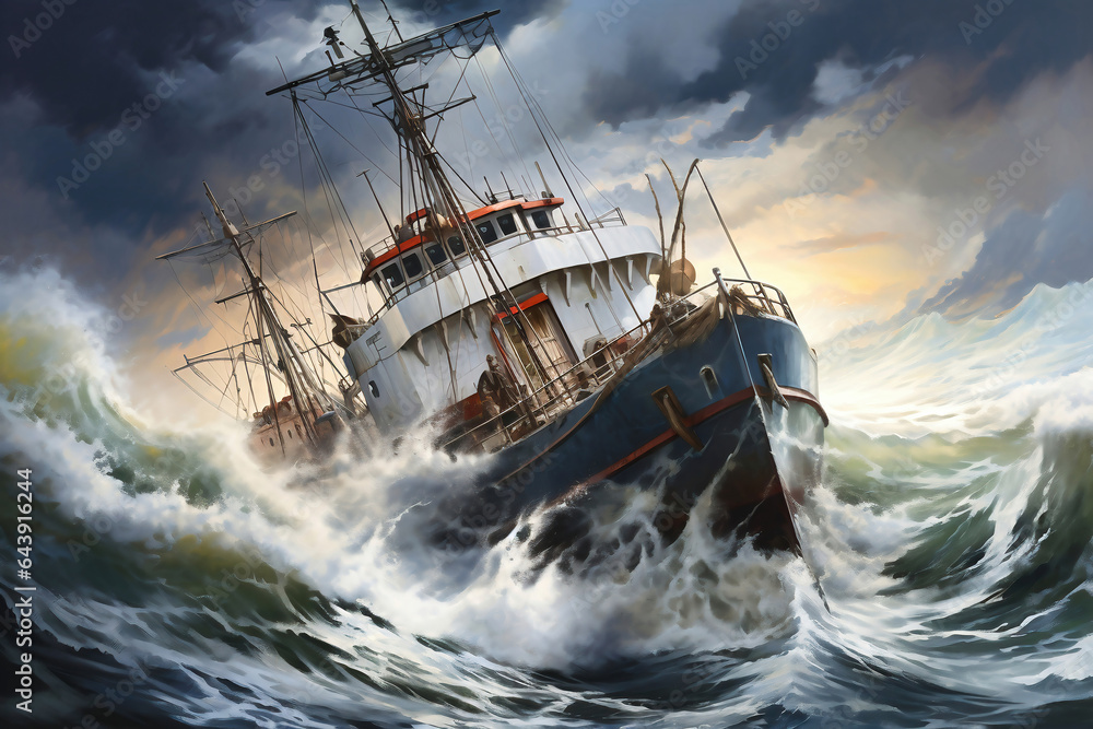 Obraz premium A cargo or fishing ship is caught in a severe storm. Ship at sea on big waves. The threat of shipwreck. Element in the ocean. The hard work of a sailor.