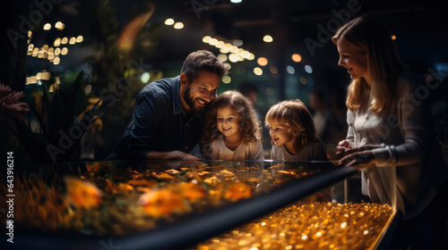 Happy family with two kids looking at golden candies in candy store.
