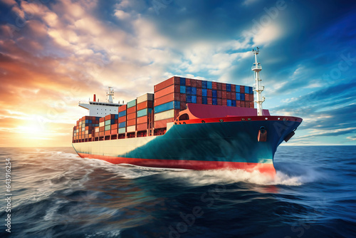 Global business logistics of import-export cargo. Cargo ship with sea containers on board in the port. Transportation of goods across the ocean. Ship with containers in the ocean.