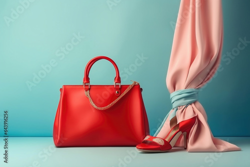 Women's bag, shoes and neckerchief. Fashionable women's things and accessories. Stylish red women's bag and shoes. Elegant women's clothes.
