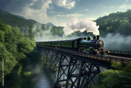 A painting of a train on a train track. The steam locomotive moves along the bridge over the arm at high altitude along the railroad tracks. Puffs of smoke from the chimney of a retro train.