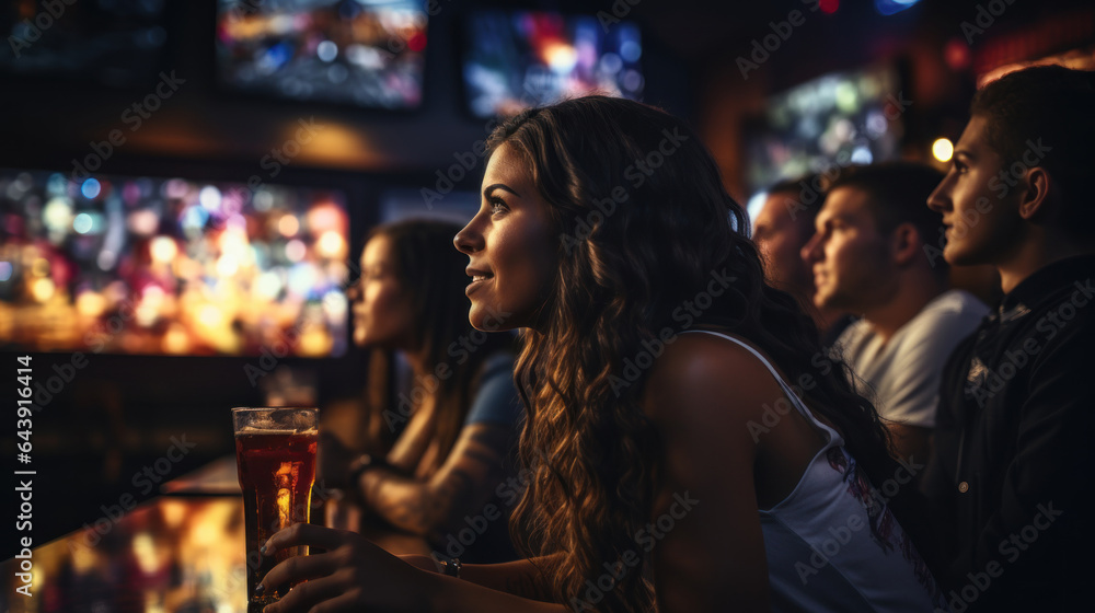 Young woman with a glass of beer looking at monitors in pub during match. Soccer fans. Young woman with a glass of beer looking at monitors in pub during match. Soccer fans.