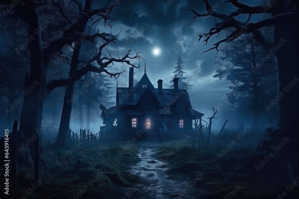 Halloween pumpkins near a tree in a cemetery with a scary house. Halloween background at night forest with moon and bats. Halloween pumpkins near a tree in a cemetery with a scary house. Halloween background at night forest with moon and bats.