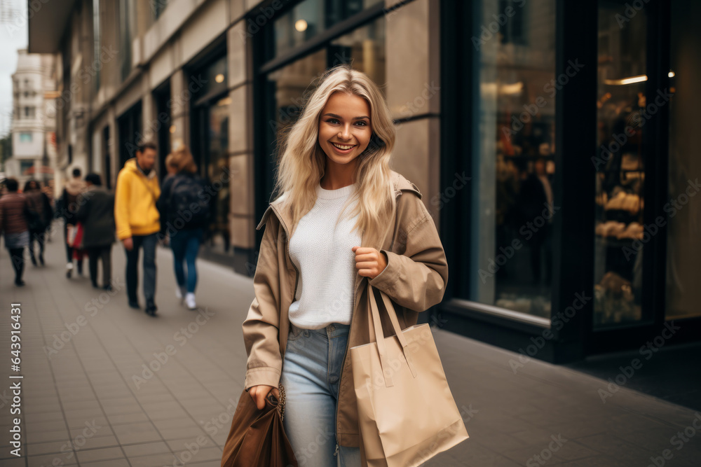 Fototapeta premium Young woman with shopping bags on street. Purchases, black friday, discounts, sale. concept.