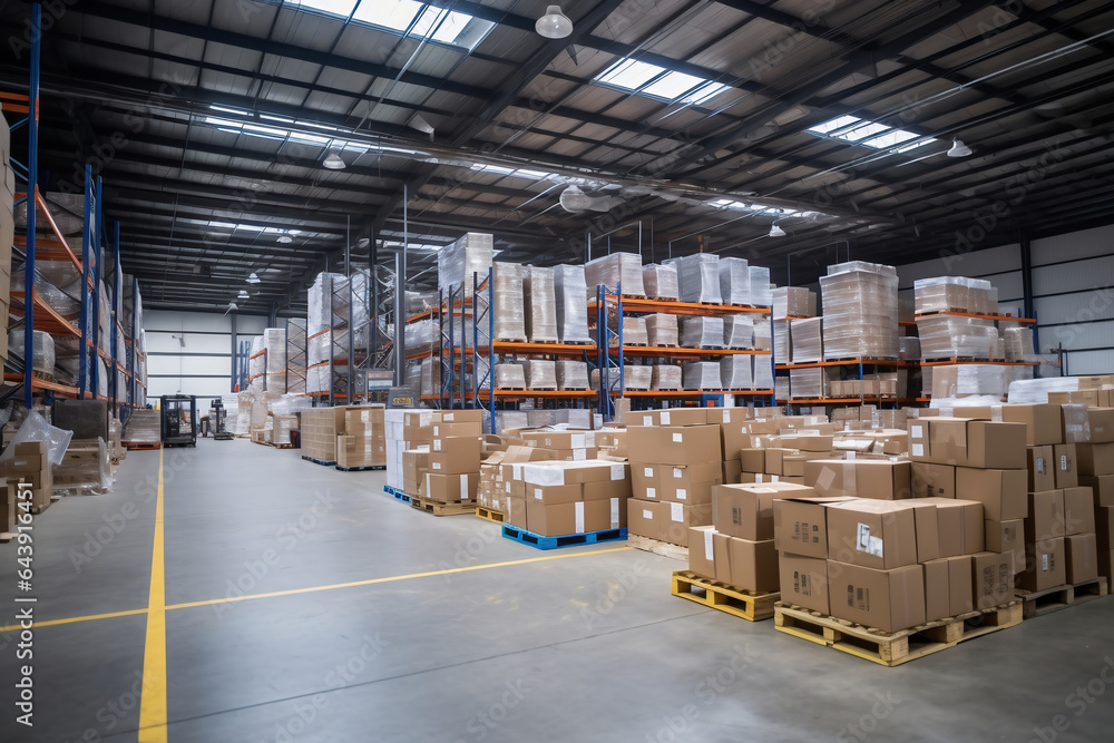 A huge warehouse filled with neatly stacked boxes. Interior of a modern warehouse. Large space for storing and moving goods. logistics. Trade in the modern world. A huge warehouse filled with neatly stacked boxes. Interior of a modern warehouse. Large space for storing and moving goods. logistics. Trade in the modern world.
