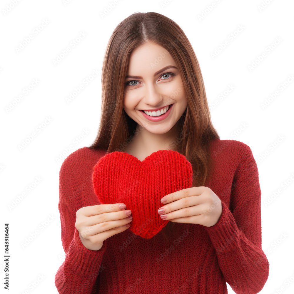 Happy young woman wigth knitted heart in hands Happy young woman wigth knitted heart in hands
