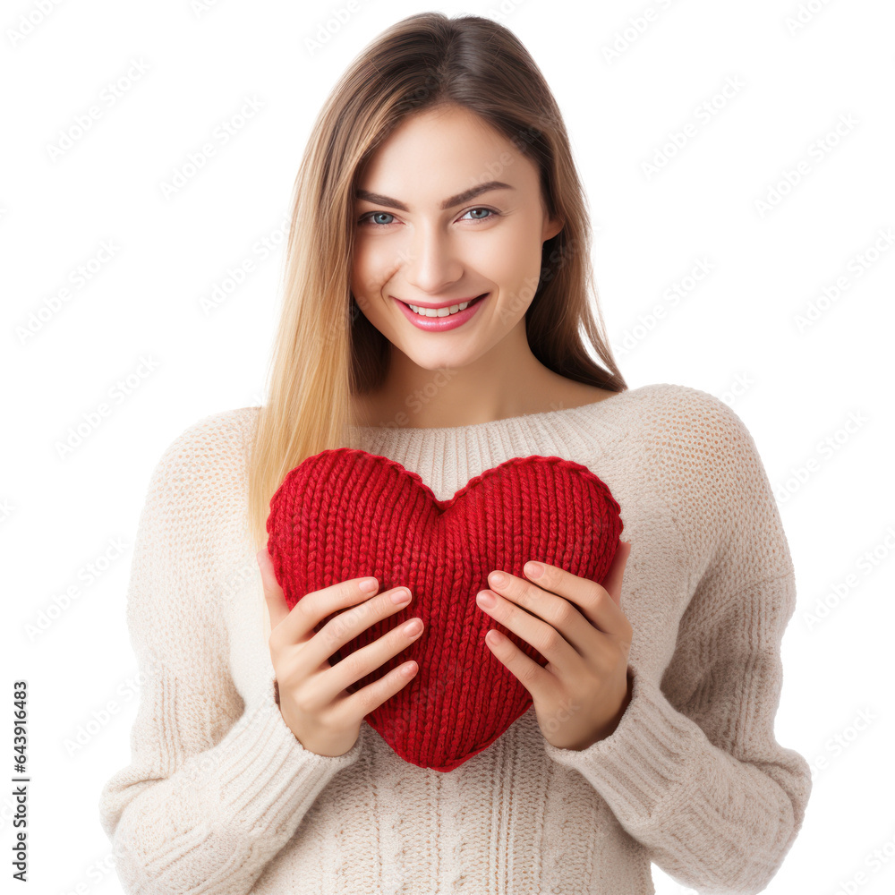 Happy young woman wigth knitted heart in hands Happy young woman wigth knitted heart in hands