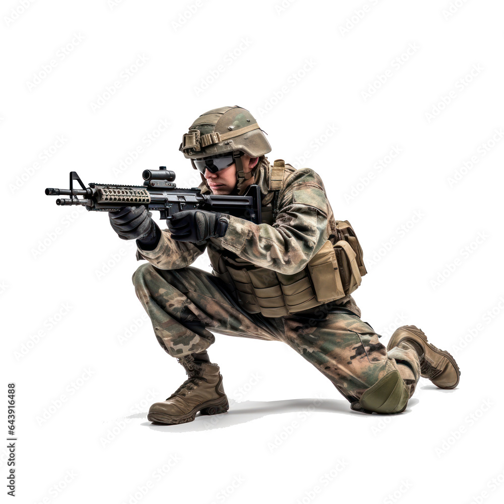 Military soldier kneeling aiming a gun isolated Military soldier kneeling aiming a gun isolated