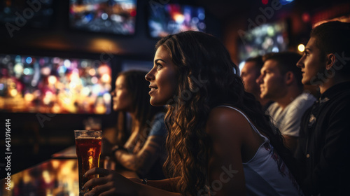 Young woman with a glass of beer looking at monitors in pub during match. Soccer fans.