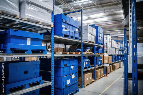 A large warehouse filled with neatly stacked plastic containers and boxes. Large space for storing and moving goods. Logistics. Trade in the modern world.