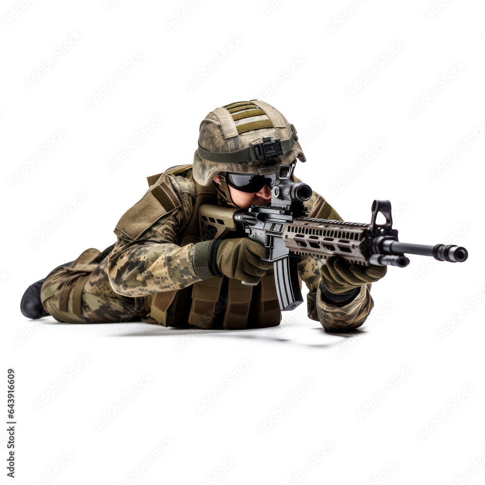 Military soldier kneeling aiming a gun isolated Military soldier kneeling aiming a gun isolated