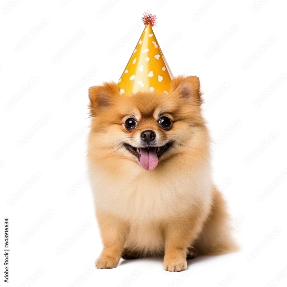 Obraz premium Fluffy dog with birthday cap isolated