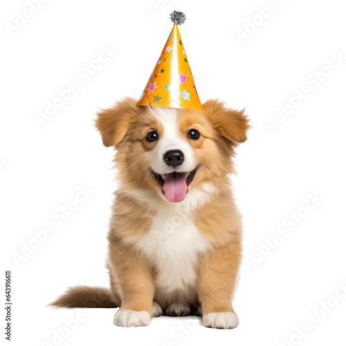 Fluffy dog with birthday cap isolated