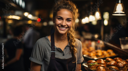 Portrait of smiling waitress standing at counter in food court with burgers. © AS Photo Family