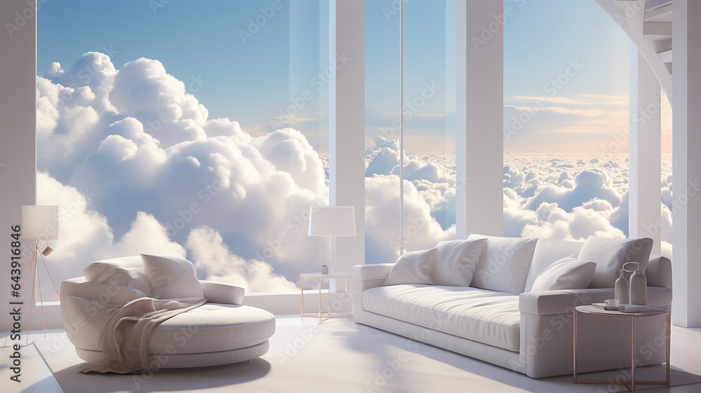 interior apartment in the clouds, light colors, large windows, panoramic view of the sky , heaven real estate - obrazy, fototapety, plakaty 