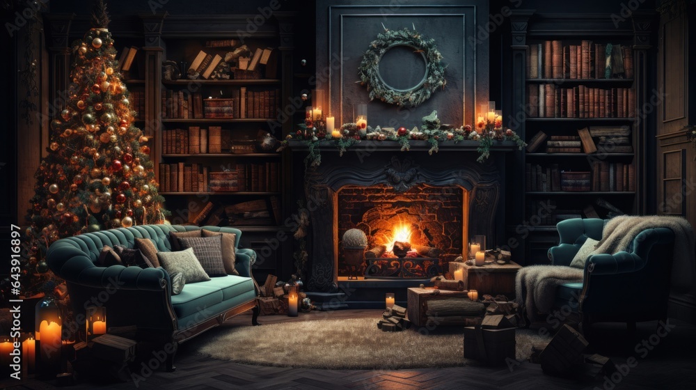 Interior of luxury classic living room with Christmas decor. Blazing fireplace and bookcases, wreath, garlands and burning candles, elegant Christmas tree, gift boxes. Christmas celebration concept.