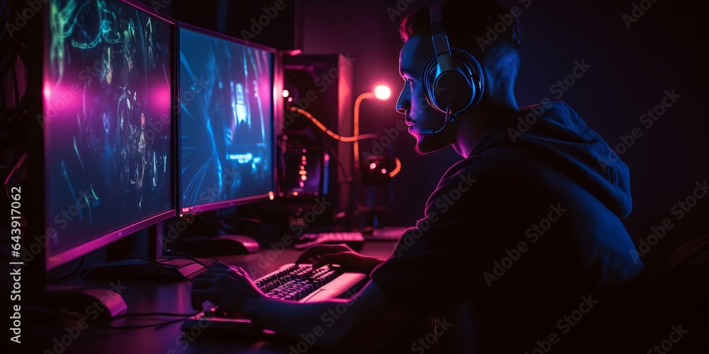 Gaming at His Computer with Neon-Lit Monitors. Detailed Atmospheric Portraits in the Gadgetpunk Gaming at His Computer with Neon-Lit Monitors. Detailed Atmospheric Portraits in the Gadgetpunk