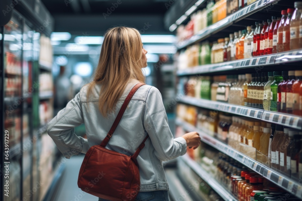 A woman shopping products in a grocery store, considering nutrition, prices, and ingredients, demonstrating informed consumer behavior.